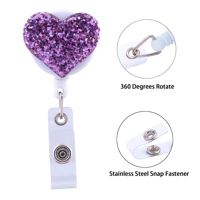 Soleebee 28'' Retractable Badge Reel with Belt Clip, Glitter Love Heart Nurse ID/Name Badge Holder 1 Pack (Purple) - Image 4